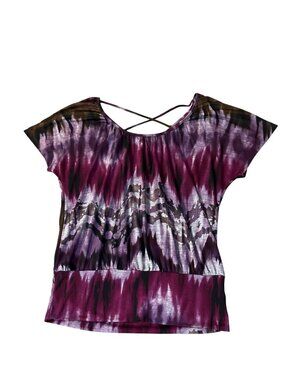 AB Studio Blouse Womens M Purple Black Stretch Criss Cross Back Used